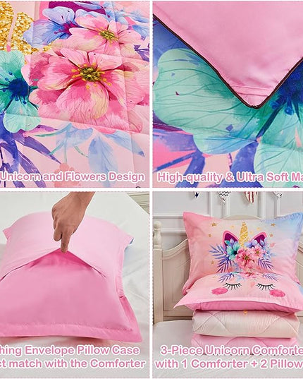 Pink Unicorn Queen Bedding Set for Girls 3 Piece Kids Comforter Set Cartoon Unicorn Flowers Quilt Set Bed in A Bag Lightweight Duvet Bed Set for Kids Teen Girls Women Bedroom Decor with 2 Pillowcases - LeafyLoom