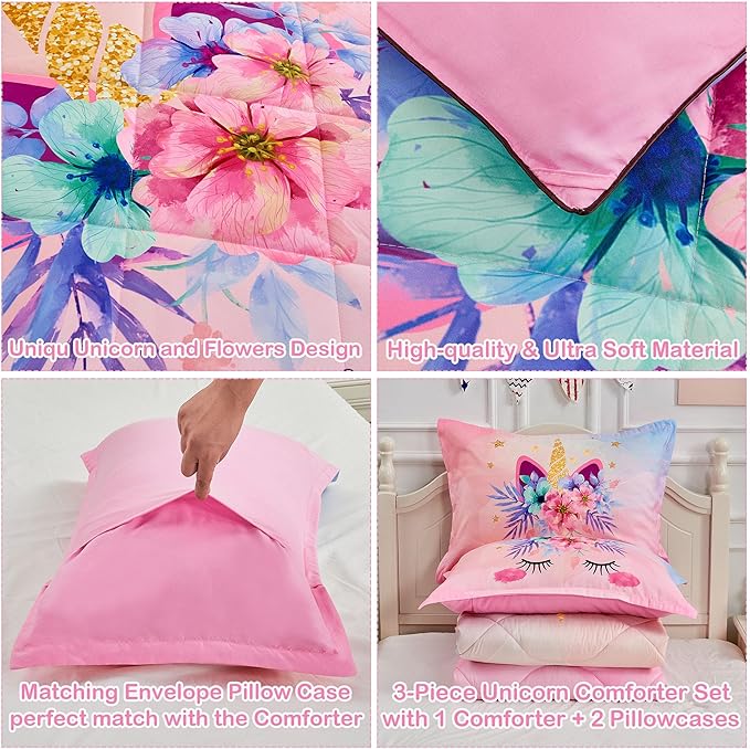 Pink Unicorn Queen Bedding Set for Girls 3 Piece Kids Comforter Set Cartoon Unicorn Flowers Quilt Set Bed in A Bag Lightweight Duvet Bed Set for Kids Teen Girls Women Bedroom Decor with 2 Pillowcases - LeafyLoom