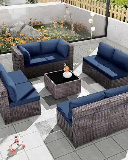 Patio Furniture Set 9-Pieces Outdoor Furniture for Backyard Wicker Sectional Sofa Set, Rattan Patio Conversation Set with Thickened Cushions and Glass Coffee Table, Navy Blue - LeafyLoom