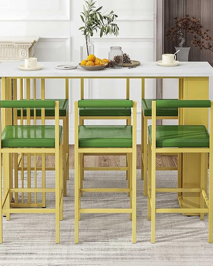 7-Piece Multi-Functional Modern Counter Height Dining Bar Table Set with Open Shelves and 6 Upholstered Stools with Gold Metal Frame for Home Pub Kitchen Room (White+Green) - LeafyLoom