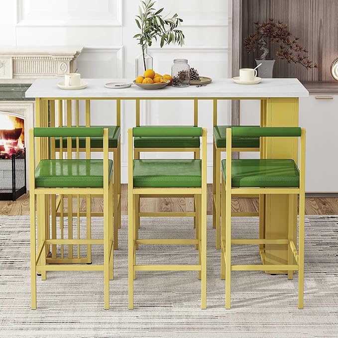 7-Piece Multi-Functional Modern Counter Height Dining Bar Table Set with Open Shelves and 6 Upholstered Stools with Gold Metal Frame for Home Pub Kitchen Room (White+Green) - LeafyLoom