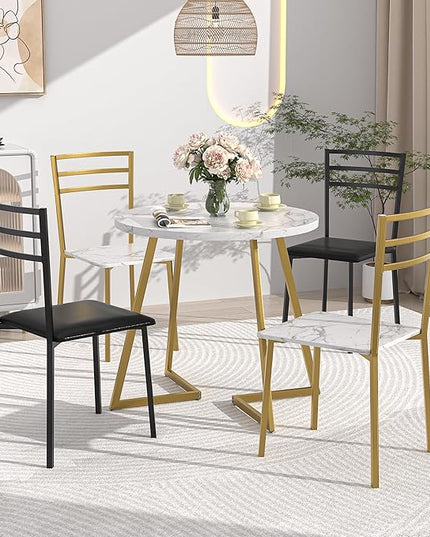 VECELO Round Dining Table with Steel Frame for 2-4 People, Space Saving for Home, Kitchen, Apartment, White & Gold - LeafyLoom