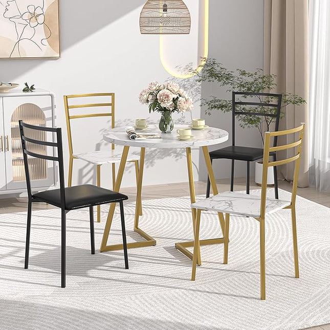 VECELO Round Dining Table with Steel Frame for 2-4 People, Space Saving for Home, Kitchen, Apartment, White & Gold - LeafyLoom