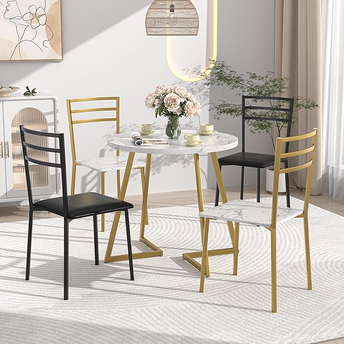 VECELO Round Dining Table with Steel Frame for 2-4 People, Space Saving for Home, Kitchen, Apartment, White & Gold - LeafyLoom