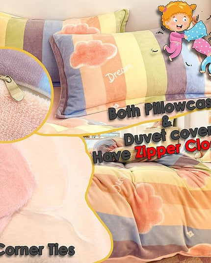 MorroMorn Twin Bedding Sets, Pink Rainbow Stripe Duvet Cover Set, Fluffy Comforter Covers Plush Blanket Ultra Soft Kawaii Cute for Girls Kids Toddler Teen Women Twin/Twin XL Size - LeafyLoom