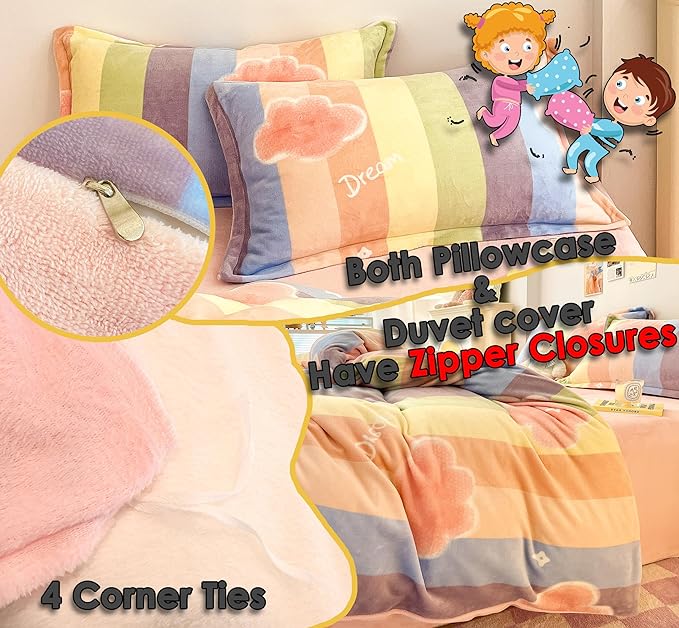 MorroMorn Twin Bedding Sets, Pink Rainbow Stripe Duvet Cover Set, Fluffy Comforter Covers Plush Blanket Ultra Soft Kawaii Cute for Girls Kids Toddler Teen Women Twin/Twin XL Size - LeafyLoom