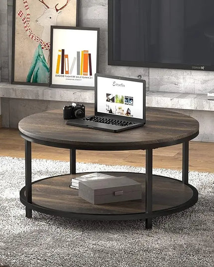 NSdirect 36 inches Round Coffee Table, Rustic Wooden Surface Top & Sturdy Metal Legs Industrial Sofa Table for Living Room Modern Design Home Furniture with Storage Open Shelf(Rustic Brown) - LeafyLoom