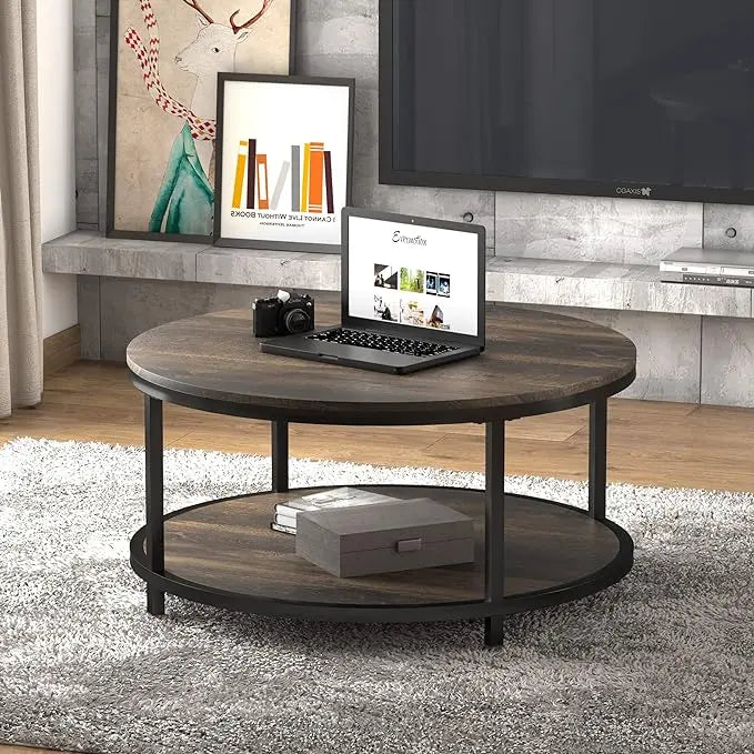 NSdirect 36 inches Round Coffee Table, Rustic Wooden Surface Top & Sturdy Metal Legs Industrial Sofa Table for Living Room Modern Design Home Furniture with Storage Open Shelf(Rustic Brown) - LeafyLoom