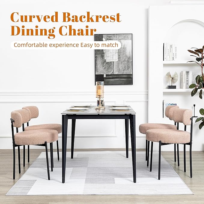 DYHOME Kitchen Chairs Mid-Century Modern Dining Chairs Set of 6, Kitchen Dining Room Chairs, Boucle Upholstered Wishbone Dining Chair, Camel Color - LeafyLoom