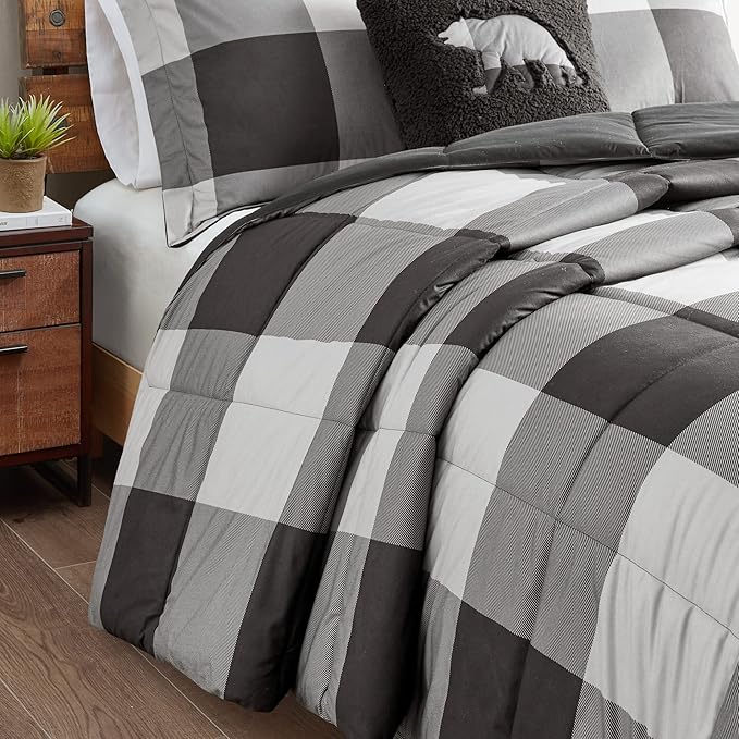 Woolrich Comforter Set, Cabin Lodge, Warm Cover for Colder Season, Modern Cottage-Inspired Down Alternative Ultra Soft Microfiber Bedding, Matching Sham, Plaid Grey/Black Twin 3 Piece - LeafyLoom