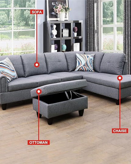 ROOMTEC Button Modern L Shape Sectional Sofa Set, Upholstered Corner Couch with Storage Ottoman, Linen Tufted Cushions, for Living Room, Apartment, 97inch, Grey w/Right Chaise Lounge - LeafyLoom