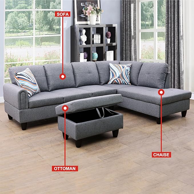 ROOMTEC Button Modern L Shape Sectional Sofa Set, Upholstered Corner Couch with Storage Ottoman, Linen Tufted Cushions, for Living Room, Apartment, 97inch, Grey w/Right Chaise Lounge - LeafyLoom