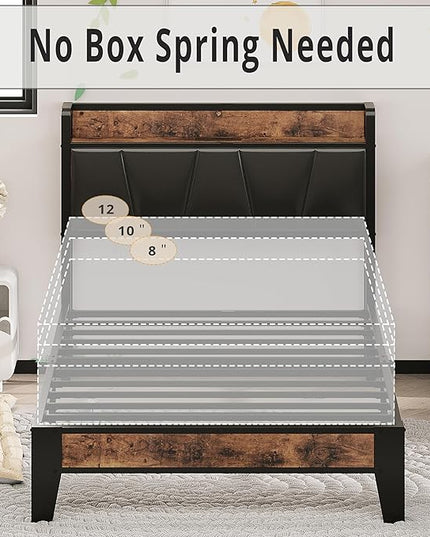 LIKIMIO Twin Bed Frame, Storage Headboard with Charging Station, Solid and Stable, Noise Free, No Box Spring Needed, Easy Assembly (Vintage and Black) - LeafyLoom