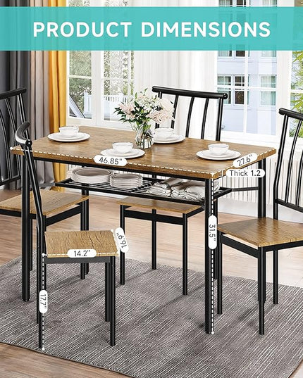 Dining Room Table Set for 4, 46.8" Kitchen Table and Chairs for 4 with Storage Rack, Rustic Kitchen Table Set Metal and Wood Rectangular Dining Table for Breakfast Nook, Kitchen, Living Room - LeafyLoom