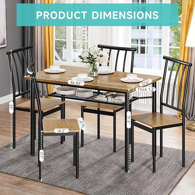 Dining Room Table Set for 4, 46.8" Kitchen Table and Chairs for 4 with Storage Rack, Rustic Kitchen Table Set Metal and Wood Rectangular Dining Table for Breakfast Nook, Kitchen, Living Room - LeafyLoom