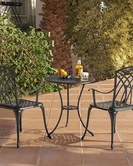 NUU GARDEN Patio Bistro Sets 3 Piece Cast Aluminum Bistro Table and Chairs Set with Umbrella Hole Bistro Set of 2 for Patio Backyard, Black - LeafyLoom