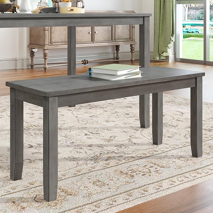 Dining Room Table Set for 6, Farmhouse Rustic Wood Dining Table set with Cross Back 4 Chairs and Bench, Kitchen Table Set for Dining Room and Living Room, Antique Greywash - LeafyLoom