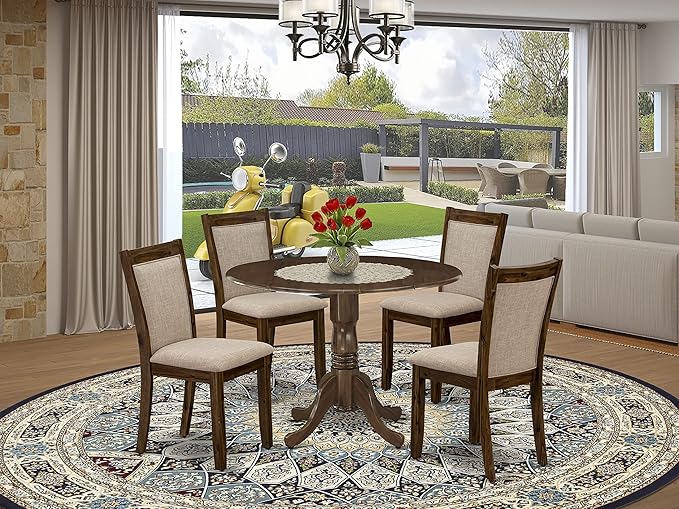 East West Furniture Dublin 5 Piece Kitchen Set for 4 Includes a Round Room Table with Dropleaf and 4 Light Tan Linen Fabric Parsons Dining Chairs, 42x42 Inch, Natural Walnut - LeafyLoom