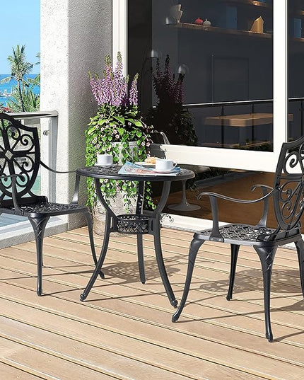 NUU GARDEN 3 Piece Outdoor Bistro Set All Weather Cast Aluminum Patio Set Bistro Table Set Rustproof Patio Table and Chairs with Umbrella Hole for Backyard, Balcony, Front Porch, Black - LeafyLoom