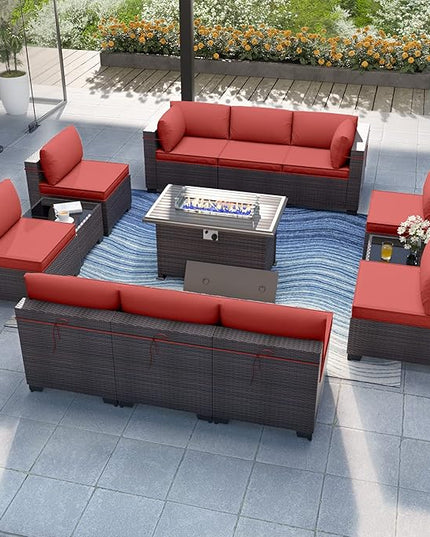 Patio Furniture Set with Fire Pit Table 13 PCS Outdoor Sectional Furniture Outdoor Rattan Patio Conversation Sets with 43in 55,000 BTU Propane Gas Fire Pit Table Glass Table, Red - LeafyLoom