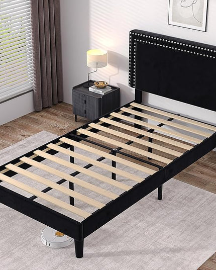 VECELO Twin Size Platform Bed Frame with Adjustable Upholstered Headboard, Modern Mattress Foundation, Strong Wood Slat Support, No Box Spring Needed, Easy Assembly - LeafyLoom