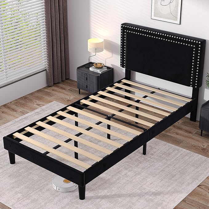 VECELO Twin Size Platform Bed Frame with Adjustable Upholstered Headboard, Modern Mattress Foundation, Strong Wood Slat Support, No Box Spring Needed, Easy Assembly - LeafyLoom