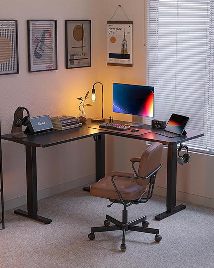 FEZIBO L Shaped Standing Desk, Electric Stand up Height Adjustable Home Office Table, Sit Stand Desk, Black Top - LeafyLoom