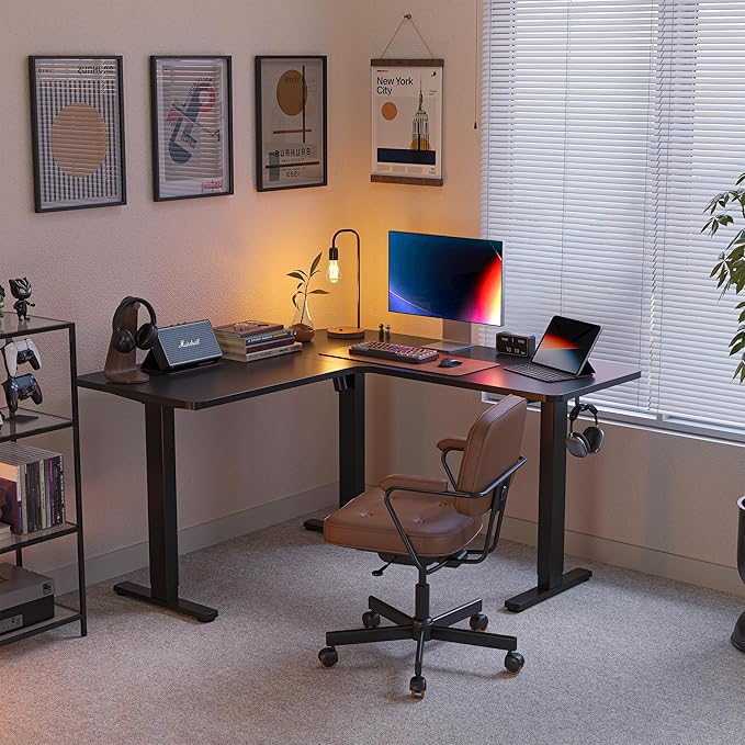 FEZIBO L Shaped Standing Desk, Electric Stand up Height Adjustable Home Office Table, Sit Stand Desk, Black Top - LeafyLoom