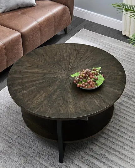 MODERION Round Coffee Table with Storage Shelf, Farmhouse Living Room Cocktail Table with Black Metal Legs, Circular Solid Wood Center Tea/ Sofa Table, 35.3''Dx17.8''H, Brushed Black KFZ1338BK - LeafyLoom