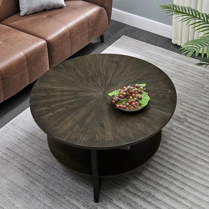 MODERION Round Coffee Table with Storage Shelf, Farmhouse Living Room Cocktail Table with Black Metal Legs, Circular Solid Wood Center Tea/ Sofa Table, 35.3''Dx17.8''H, Brushed Black KFZ1338BK - LeafyLoom