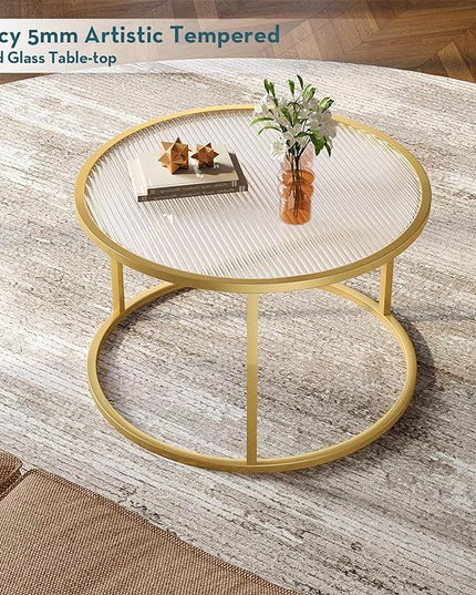 SAYGOER Modern Coffee Table Round Glass Coffee Tables for Large or Small Space Unique Art Center Table for Living Room Home Office with Gold Metal Frame, Easy Assembly - LeafyLoom