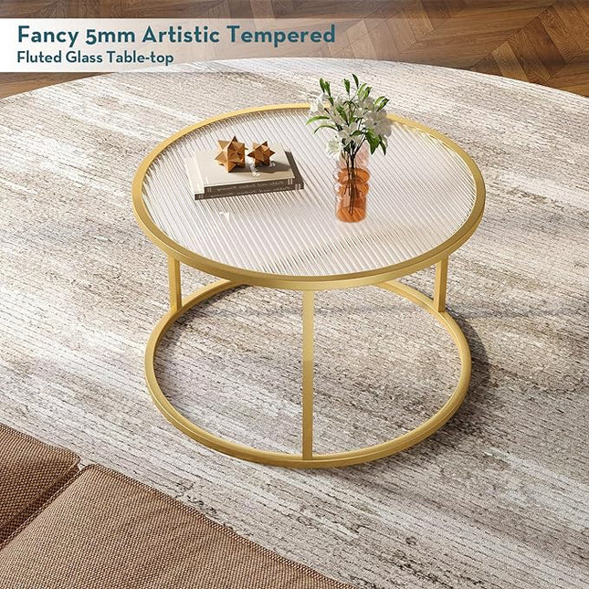 SAYGOER Modern Coffee Table Round Glass Coffee Tables for Large or Small Space Unique Art Center Table for Living Room Home Office with Gold Metal Frame, Easy Assembly - LeafyLoom