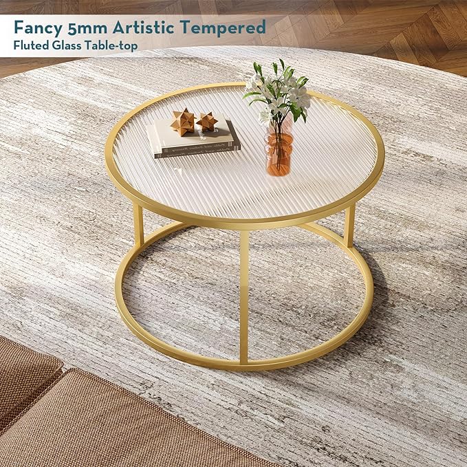 SAYGOER Modern Coffee Table Round Glass Coffee Tables for Large or Small Space Unique Art Center Table for Living Room Home Office with Gold Metal Frame, Easy Assembly - LeafyLoom
