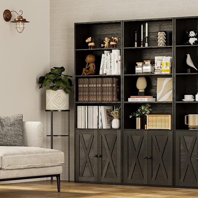 IRONCK Industrial Bookshelves and Bookcases with Doors Floor Standing 6 Shelf Display Storage Shelves 70 in Tall Bookcase for Home Office, Living Room - LeafyLoom