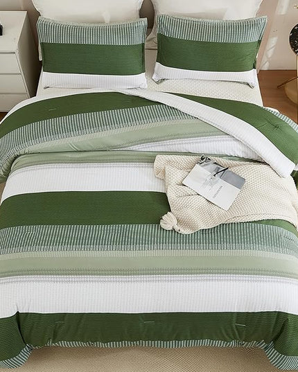 Litanika Olive Green Comforter Set Queen - 3 Pieces Lightweight Olive Green White Colorblock Stripe Fluffy Bedding Comforter Sets, All Season Bed Set - LeafyLoom