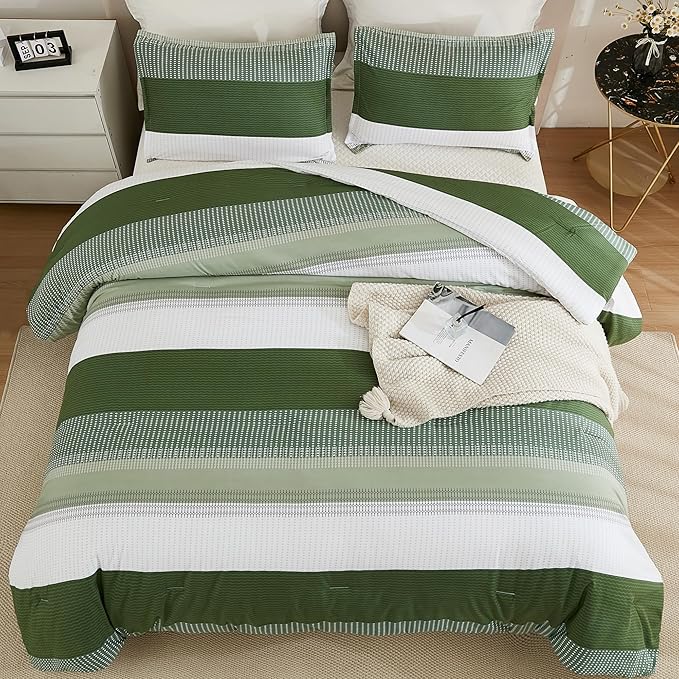 Litanika Olive Green Comforter Set Full - 3 Pieces Lightweight Olive Green White Colorblock Stripe Fluffy Bedding Comforter Sets, All Season Bed Set - LeafyLoom