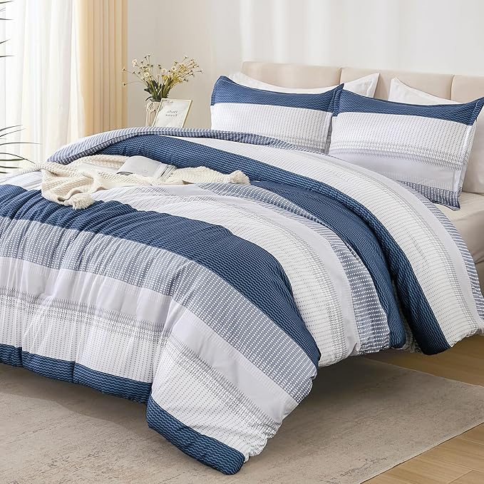 Litanika Mineral Blue Bed Comforter Set Twin/Twin XL Size, 2 Pieces Lightweight Striped Bedding Comforter Set, Soft All Season Down Alternative Comforter (1 Comforter, 1 Pillowcase) - LeafyLoom