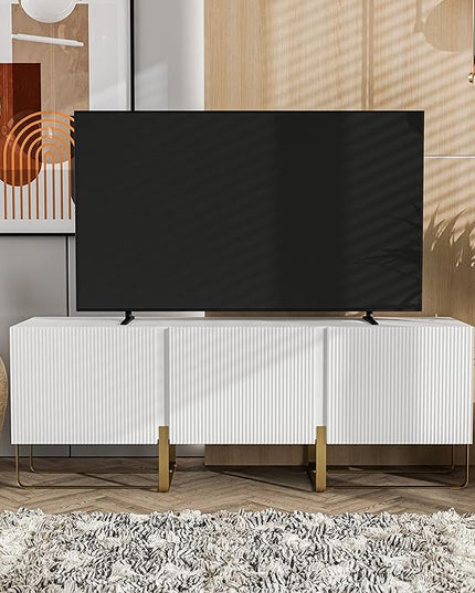 24/7 Shop at Home Mignon Contemporary Modern Style 60" TV Stand with 3 Storage Cabinets, Fits 65 Inches, Entertainment Center Console for Family, Living Room & Bedroom, Metal Legs, White - LeafyLoom