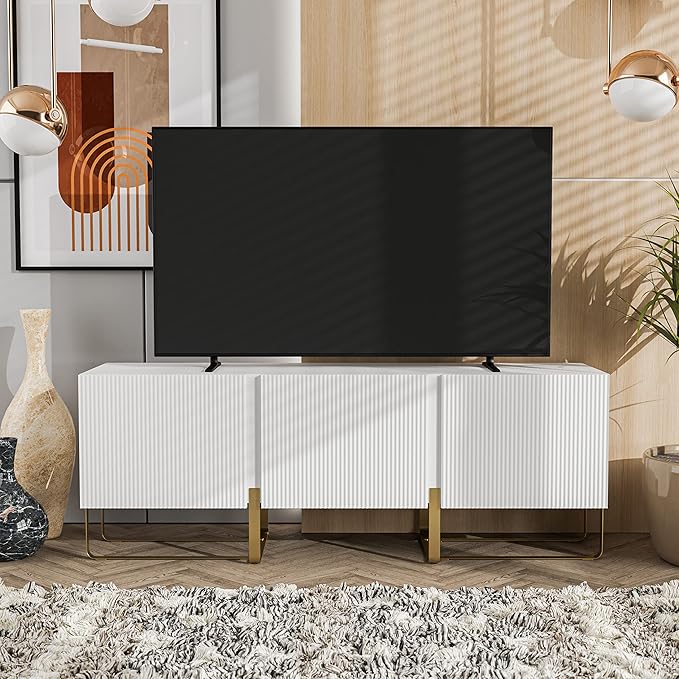 24/7 Shop at Home Mignon Contemporary Modern Style 60" TV Stand with 3 Storage Cabinets, Fits 65 Inches, Entertainment Center Console for Family, Living Room & Bedroom, Metal Legs, White - LeafyLoom