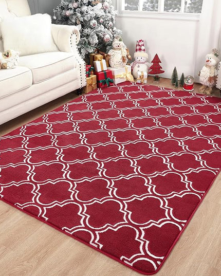 Chicrug Shag Geometric 7x10 Area Rug for Living Room, Large Modern Memory Foam Indoor Carpet, Fluffy Rug for Bedroom Bedside Room Decor for Family Girls Kids Nursery, Wine Red/White - LeafyLoom