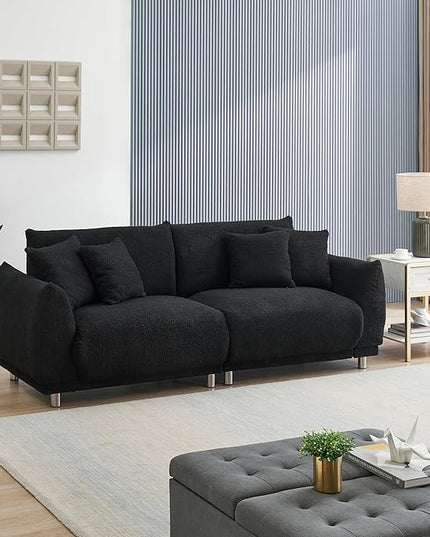 Modular Teddy Fleece Cloud 3 Seater Sofa Deep Seat Upholstered W/Metal Legs, Comfy Leisure Couch Beautiful Shape Bread Sofa&Couch with 4 Pillows for Living Room, 86.6", Black-1658 - LeafyLoom