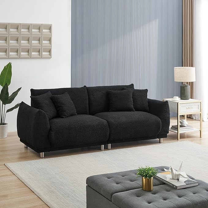 Modular Teddy Fleece Cloud 3 Seater Sofa Deep Seat Upholstered W/Metal Legs, Comfy Leisure Couch Beautiful Shape Bread Sofa&Couch with 4 Pillows for Living Room, 86.6", Black-1658 - LeafyLoom