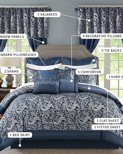 Madison Park Essentials Brystol 24 Piece Room in a Bag Faux Silk Comforter Jacquard Paisley Design Matching Curtains Down Alternative All Season Bedding-Set, King(104 in x 92 in), Navy 24 Piece - LeafyLoom