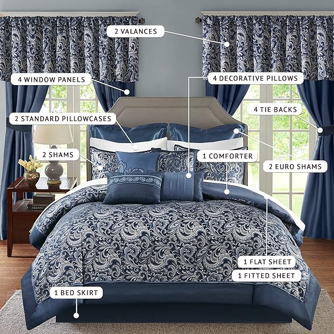 Madison Park Essentials Brystol 24 Piece Room in a Bag Faux Silk Comforter Jacquard Paisley Design Matching Curtains Down Alternative All Season Bedding-Set, King(104 in x 92 in), Navy 24 Piece - LeafyLoom