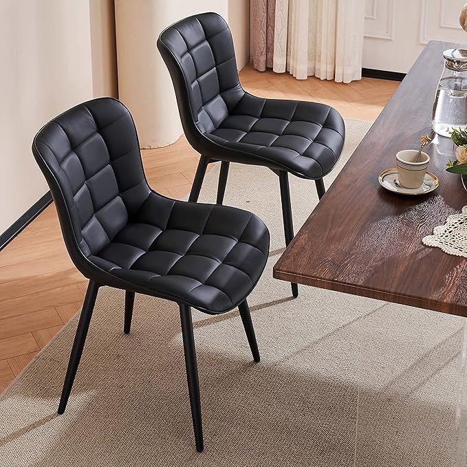YOUTASTE Black Dining Chairs Set of 2 PU Leather Upholstered Modern Armless Dining Room Chair with Back Metal Legs Kitchen Dinner Accent Guest Chairs for Vanity Reception Waiting Room - LeafyLoom