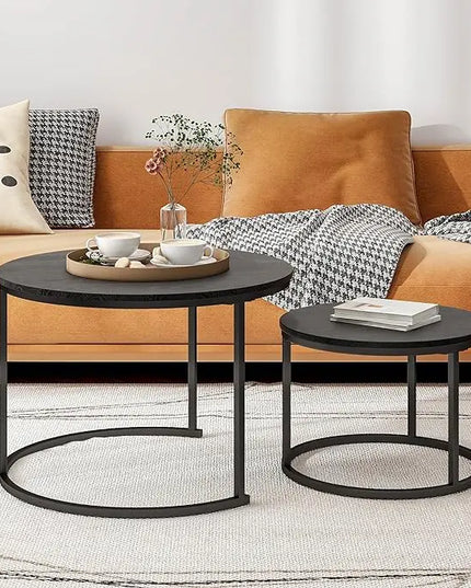 Round Coffee Table Set of 2 End Tables for Living Room,Black Coffee Table Nesting Tables,Living Room Table Wooden Accent Furniture Metal Frame,Sturdy Stacking Side Tables,Easy Assembly - LeafyLoom
