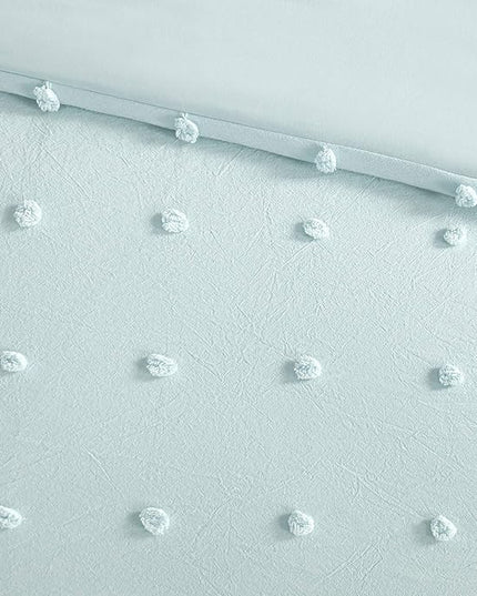 Callie Cotton Jacquard Weave Colorful Pom Pom Kids Comforter sets, Down Alternative Shabby Chic All Season Girls Bedding, Bedroom Decor, Twin/Twin XL, Aqua 4 Piece - LeafyLoom