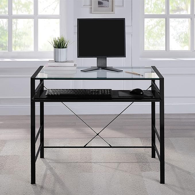 OSP Home Furnishings Zephyr Computer Desk with Keyboard Shelf and Tempered Glass Top, Clear Glass and Black Frame, 36" W x 20" D x 30.25" H - LeafyLoom