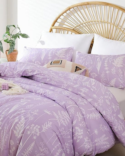 JANZAA King Size Comforter Set Floral Comforter Sets King Size Bedding Set Purple Comforter for All Season with 2 Pillow Shams Cute and Comfortable - LeafyLoom