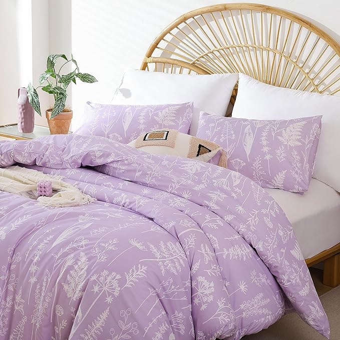 JANZAA King Size Comforter Set Floral Comforter Sets King Size Bedding Set Purple Comforter for All Season with 2 Pillow Shams Cute and Comfortable - LeafyLoom